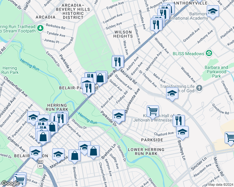 map of restaurants, bars, coffee shops, grocery stores, and more near 4409 Kavon Avenue in Baltimore