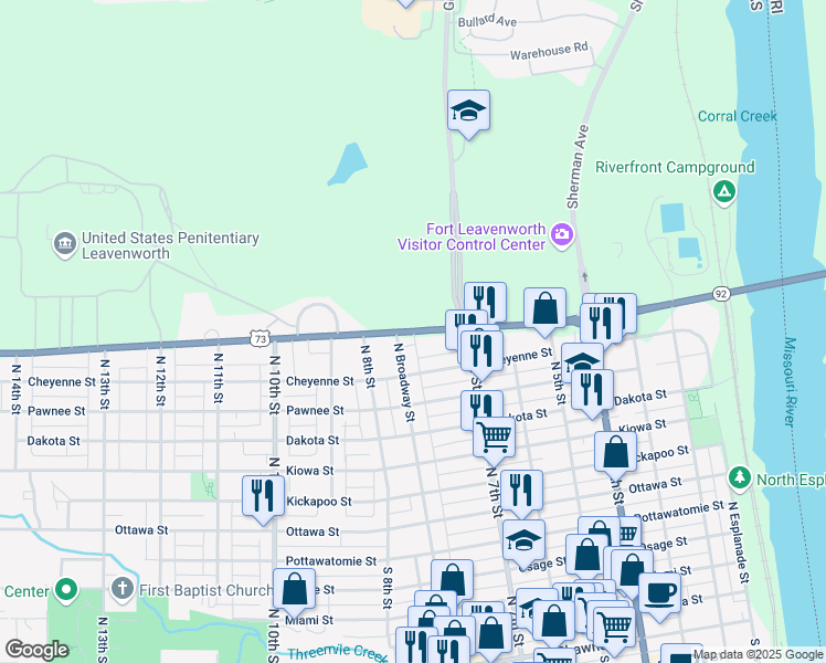 map of restaurants, bars, coffee shops, grocery stores, and more near 736 Metropolitan Avenue in Leavenworth