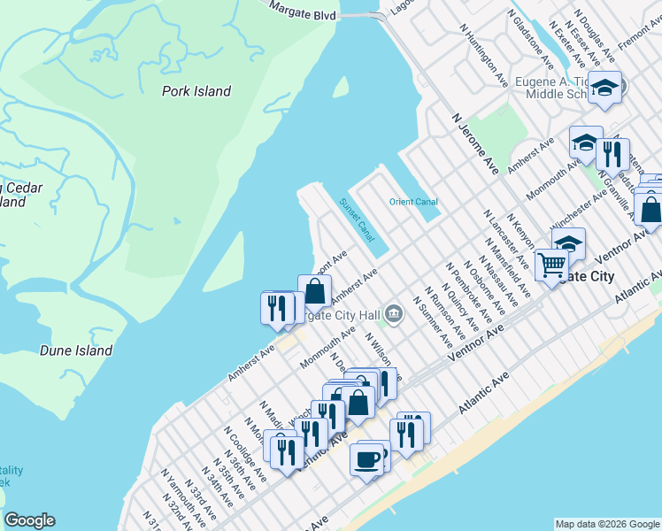 map of restaurants, bars, coffee shops, grocery stores, and more near 400 North Vendome Avenue in Margate City