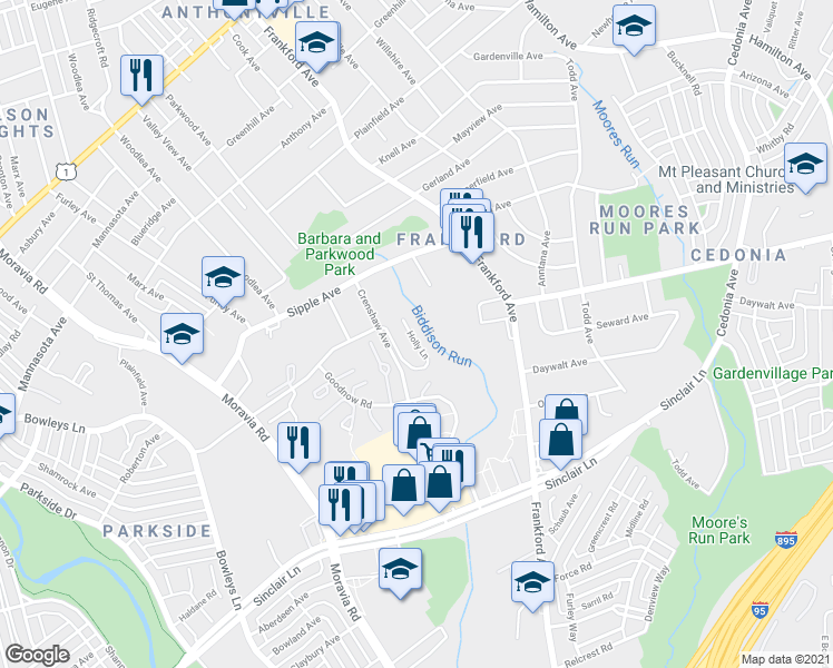 map of restaurants, bars, coffee shops, grocery stores, and more near 5010 Holly Lane in Baltimore