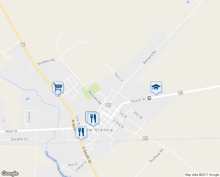 map of restaurants, bars, coffee shops, grocery stores, and more near 215 Tower Drive in New Vienna