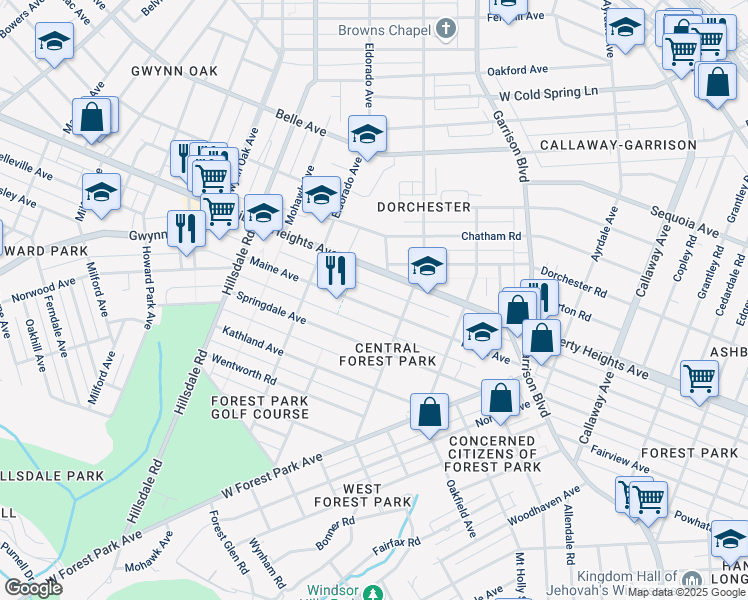 map of restaurants, bars, coffee shops, grocery stores, and more near 4200 Maine Avenue in Baltimore