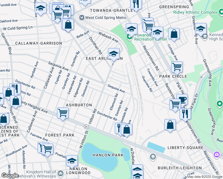 map of restaurants, bars, coffee shops, grocery stores, and more near 3209 Sequoia Avenue in Baltimore