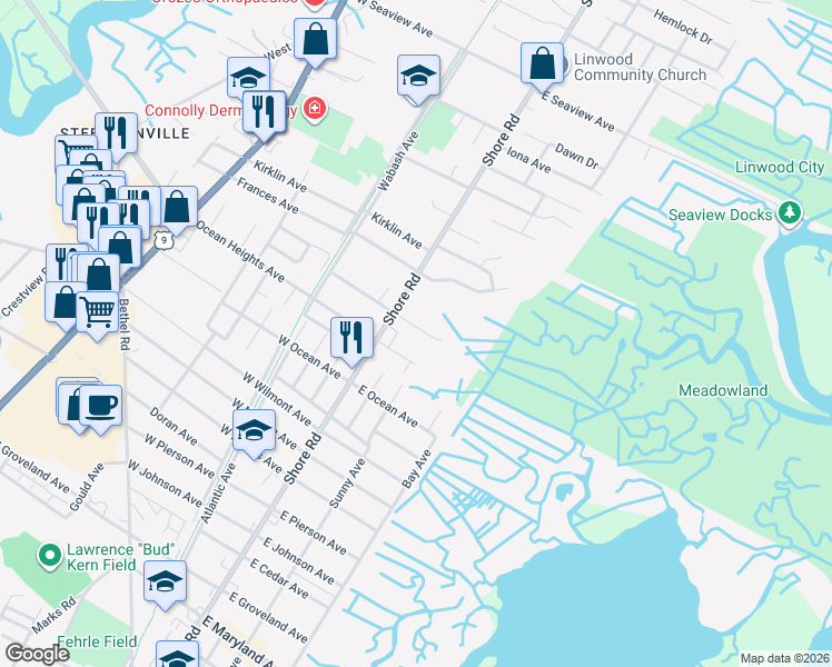 map of restaurants, bars, coffee shops, grocery stores, and more near 3 East Royal Avenue in Linwood
