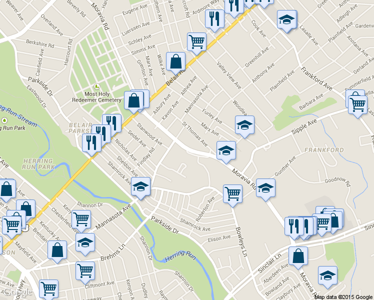 map of restaurants, bars, coffee shops, grocery stores, and more near 4409 Moravia Road in Baltimore