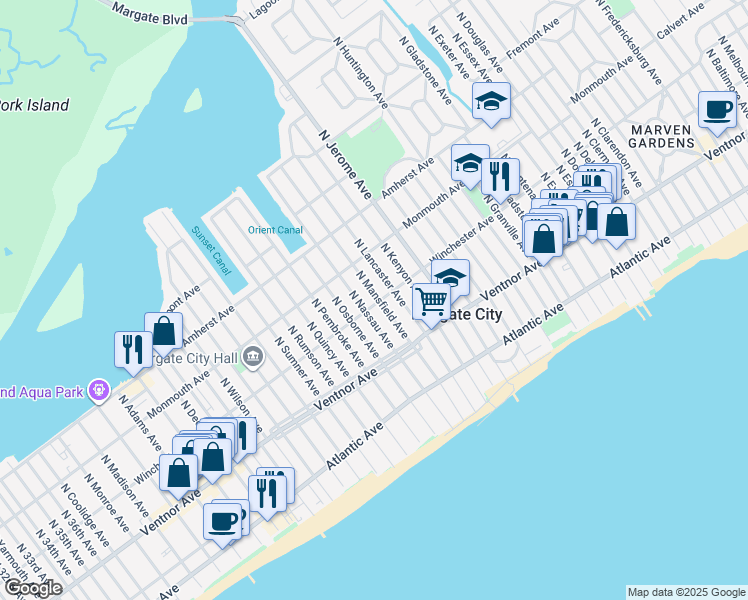 map of restaurants, bars, coffee shops, grocery stores, and more near 8504 Winchester Avenue in Margate City