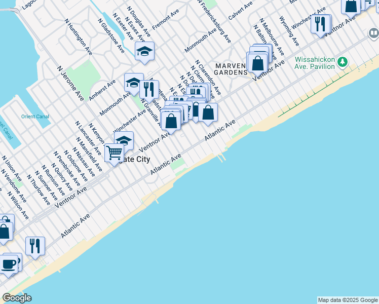 map of restaurants, bars, coffee shops, grocery stores, and more near 103 South Frontenac Avenue in Margate City