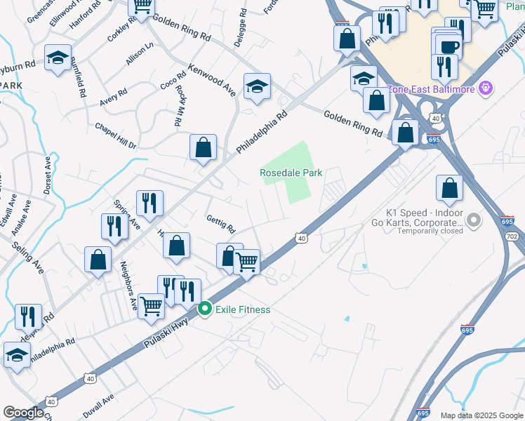 map of restaurants, bars, coffee shops, grocery stores, and more near 1225 Landover Road in Rosedale