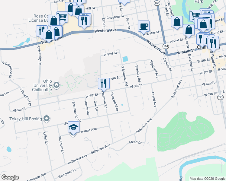 map of restaurants, bars, coffee shops, grocery stores, and more near 460 West 5th Street in Chillicothe