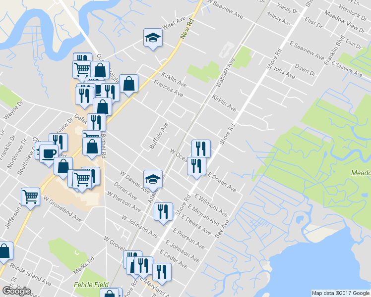map of restaurants, bars, coffee shops, grocery stores, and more near 202 Philadelphia Avenue in Somers Point
