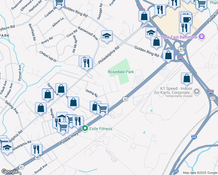 map of restaurants, bars, coffee shops, grocery stores, and more near 1225 Landover Road in Rosedale
