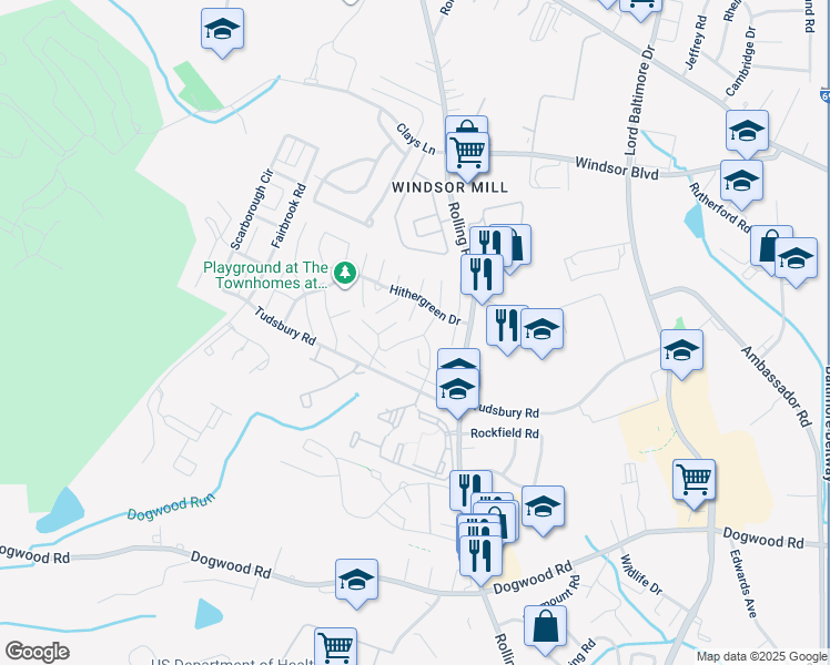 map of restaurants, bars, coffee shops, grocery stores, and more near 2512 Molton Way in Milford Mill