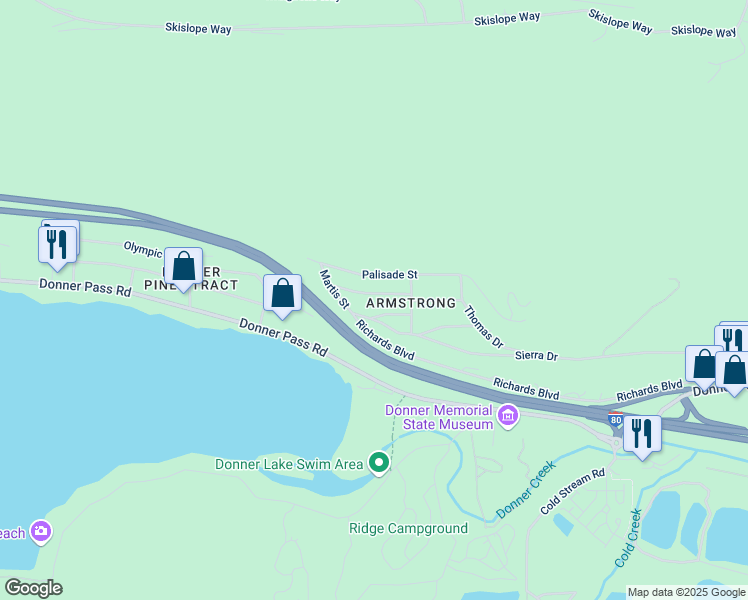 map of restaurants, bars, coffee shops, grocery stores, and more near 12921 Dulzura Street in Truckee