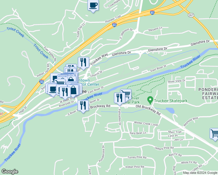 map of restaurants, bars, coffee shops, grocery stores, and more near 10273 East River Street in Truckee