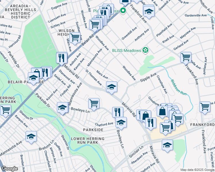 map of restaurants, bars, coffee shops, grocery stores, and more near 4518 Saint Thomas Avenue in Baltimore