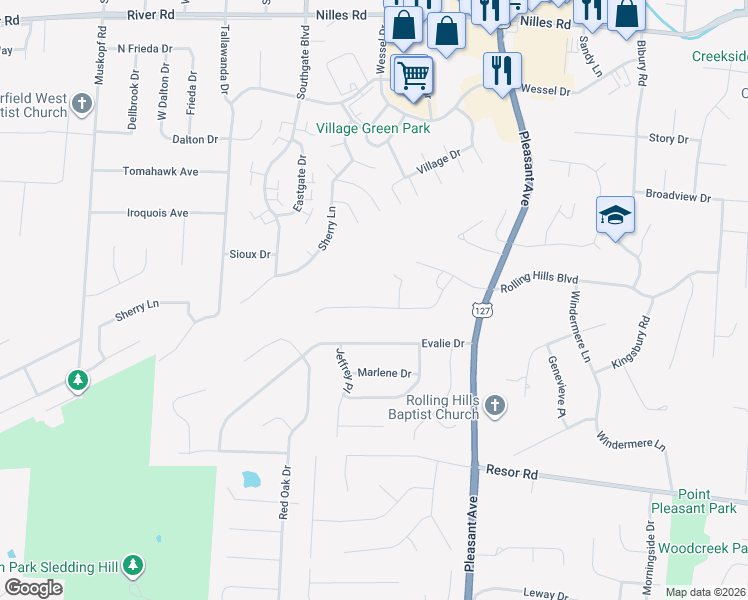 map of restaurants, bars, coffee shops, grocery stores, and more near 5681 Lindenwood Lane in Fairfield