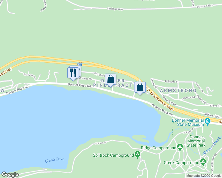 map of restaurants, bars, coffee shops, grocery stores, and more near 13406 Donner Pass Road in Truckee
