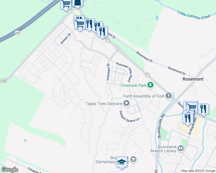 map of restaurants, bars, coffee shops, grocery stores, and more near Volunteer Drive in Brunswick