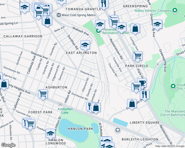 map of restaurants, bars, coffee shops, grocery stores, and more near 3134 Sequoia Avenue in Baltimore