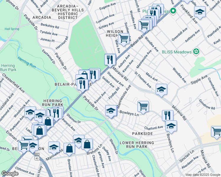 map of restaurants, bars, coffee shops, grocery stores, and more near 4419 Kavon Avenue in Baltimore