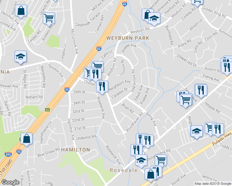 map of restaurants, bars, coffee shops, grocery stores, and more near 8008 Caradoc Drive in Rosedale