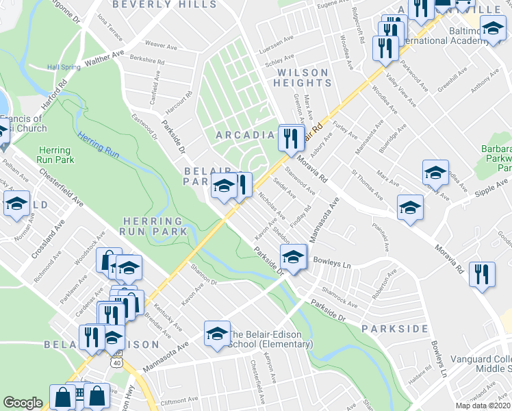 map of restaurants, bars, coffee shops, grocery stores, and more near 4220 Sheldon Avenue in Baltimore