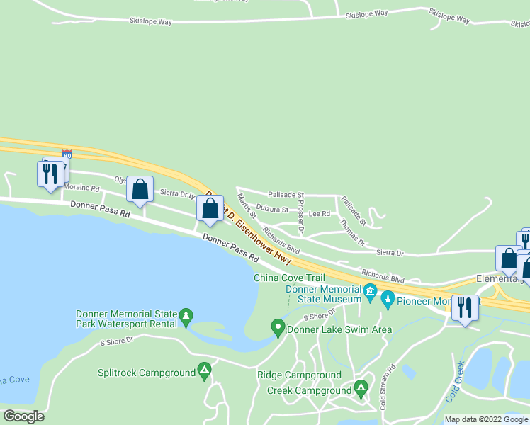 map of restaurants, bars, coffee shops, grocery stores, and more near 12921 Dulzura Street in Truckee