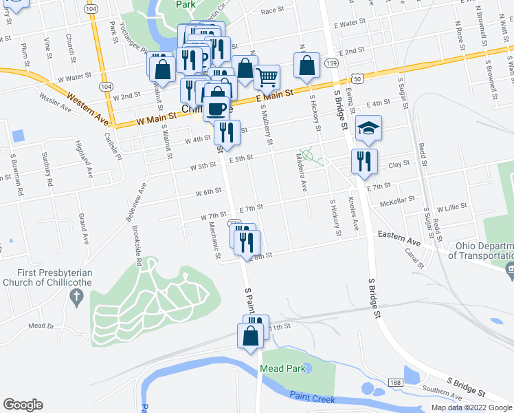 map of restaurants, bars, coffee shops, grocery stores, and more near 59 East 7th Street in Chillicothe