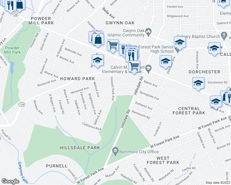 map of restaurants, bars, coffee shops, grocery stores, and more near 3213 Howard Park Avenue in Baltimore