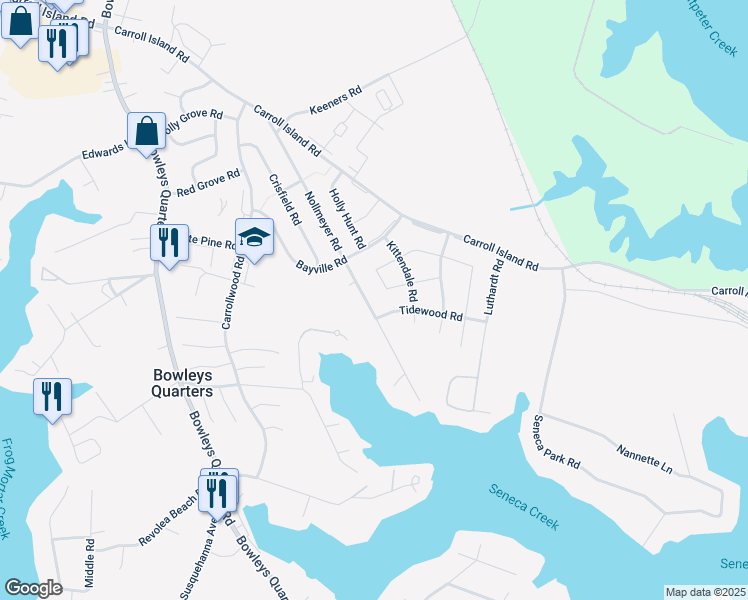 map of restaurants, bars, coffee shops, grocery stores, and more near 629 Nollmeyer Road in Middle River