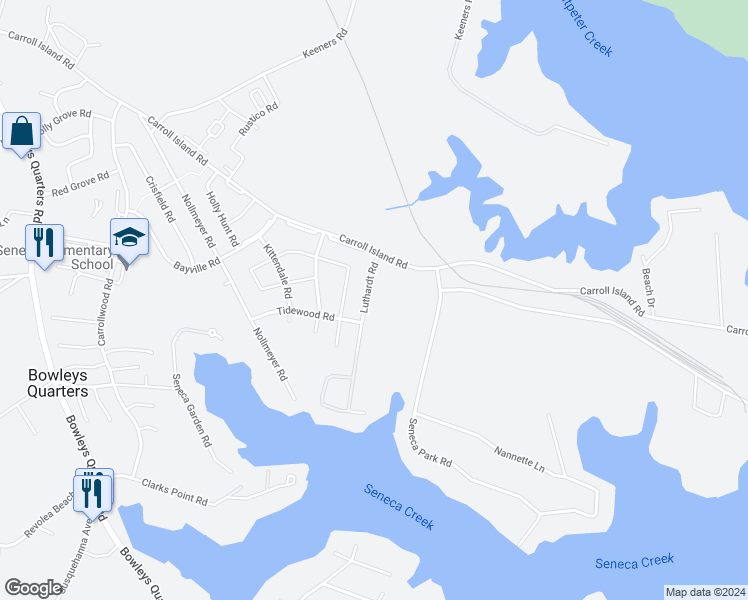 map of restaurants, bars, coffee shops, grocery stores, and more near 4011 Cutty Sark Road in Middle River