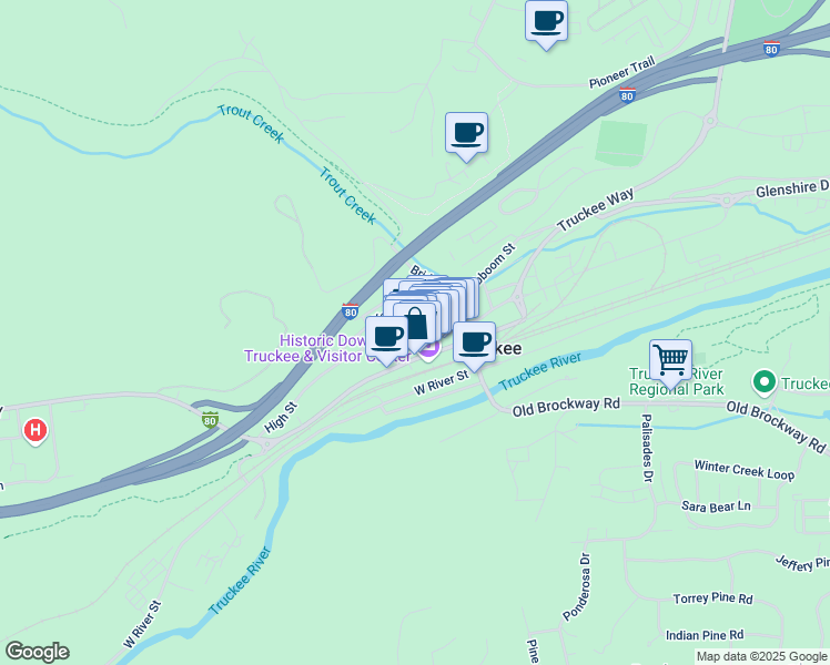 map of restaurants, bars, coffee shops, grocery stores, and more near 10098 Jibboom Street in Truckee