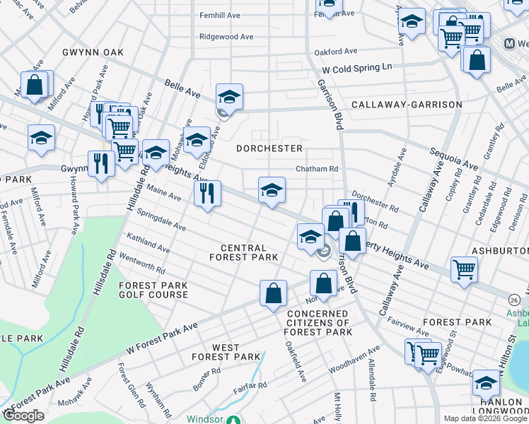 map of restaurants, bars, coffee shops, grocery stores, and more near 4017 Maryland 26 in Baltimore