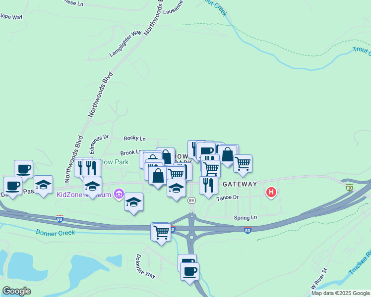 map of restaurants, bars, coffee shops, grocery stores, and more near 11327 Valley Road in Truckee