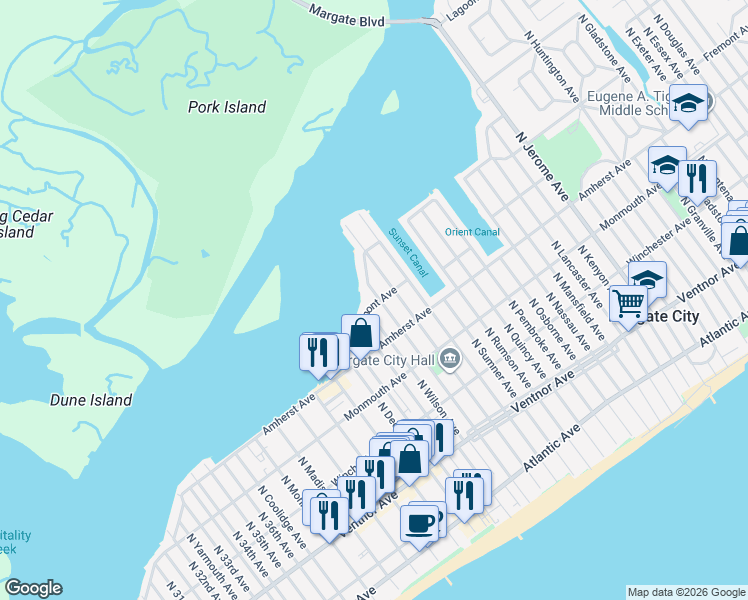 map of restaurants, bars, coffee shops, grocery stores, and more near 400 North Vendome Avenue in Margate City