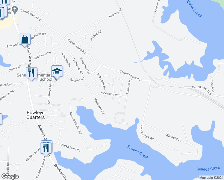 map of restaurants, bars, coffee shops, grocery stores, and more near 659 Hunting Fields Road in Middle River