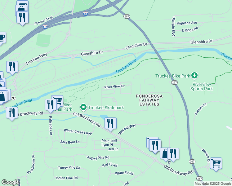 map of restaurants, bars, coffee shops, grocery stores, and more near 10055 Nicolas Drive in Truckee