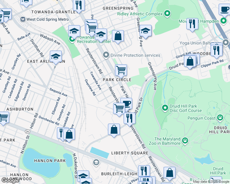 map of restaurants, bars, coffee shops, grocery stores, and more near 3523 Reisterstown Road in Baltimore