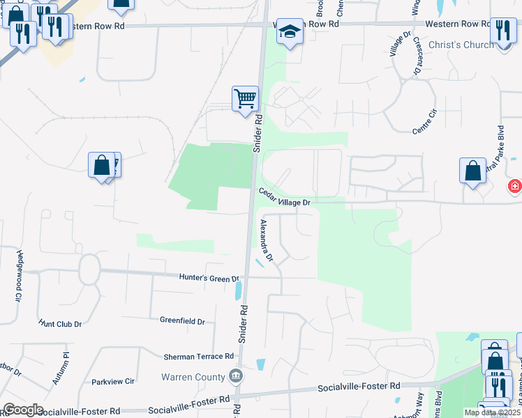 map of restaurants, bars, coffee shops, grocery stores, and more near 7647 Alexandra Drive in Mason