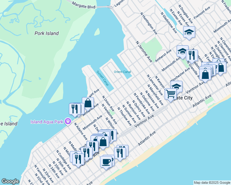 map of restaurants, bars, coffee shops, grocery stores, and more near 8808 Amherst Avenue in Margate City