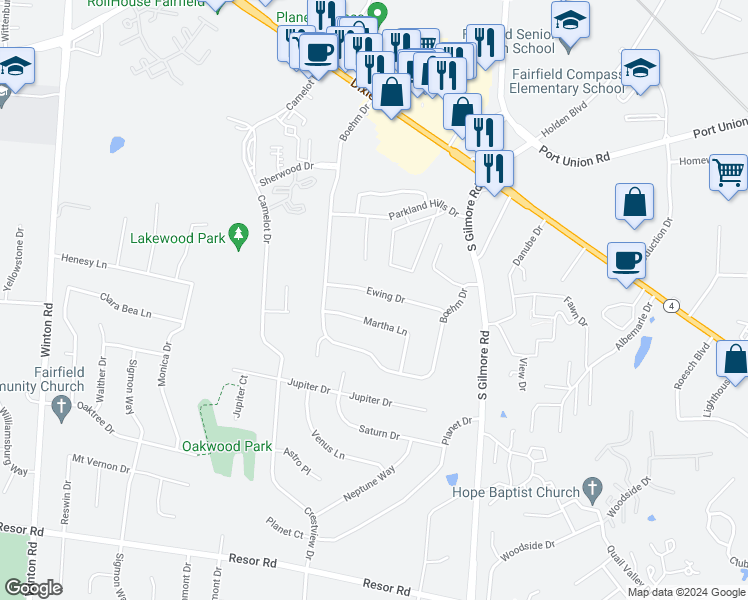map of restaurants, bars, coffee shops, grocery stores, and more near 149 Ewing Drive in Fairfield