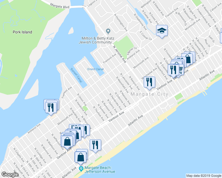 map of restaurants, bars, coffee shops, grocery stores, and more near 118 North Osborne Avenue in Margate City