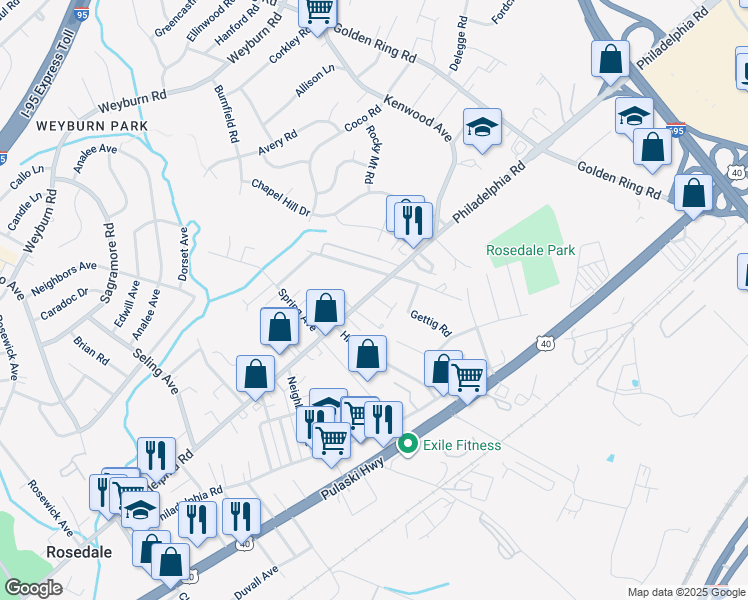 map of restaurants, bars, coffee shops, grocery stores, and more near 8327 Philadelphia Road in Rosedale