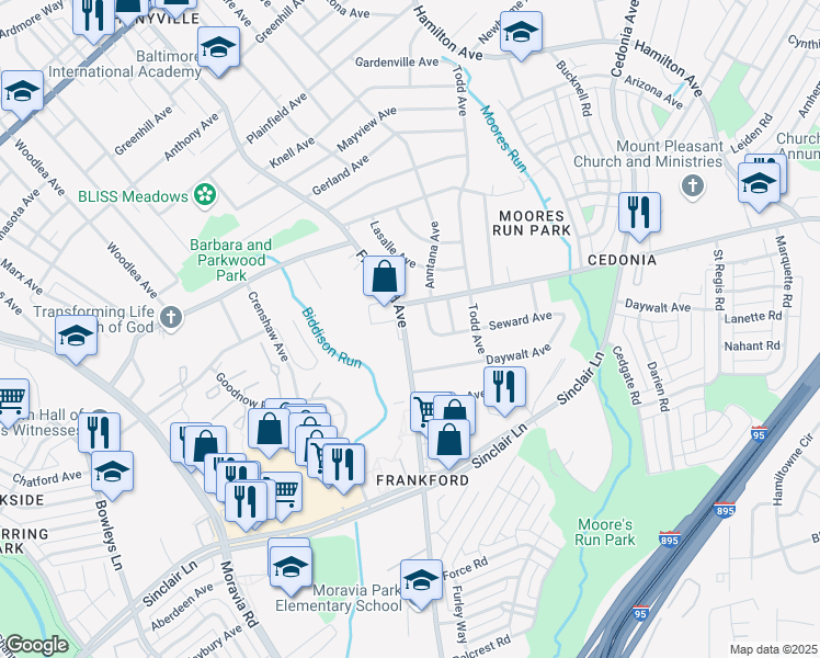 map of restaurants, bars, coffee shops, grocery stores, and more near 5010 Frankford Avenue in Baltimore