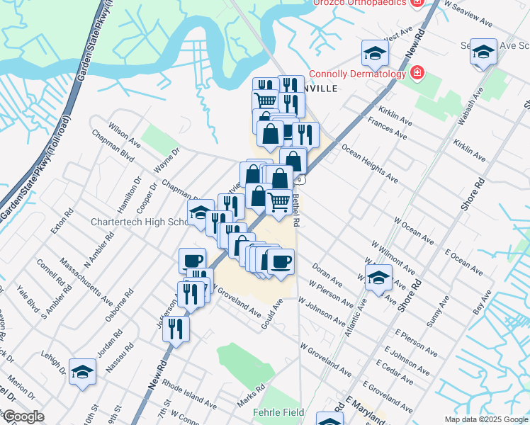 map of restaurants, bars, coffee shops, grocery stores, and more near 331-383 New Rd in Somers Point