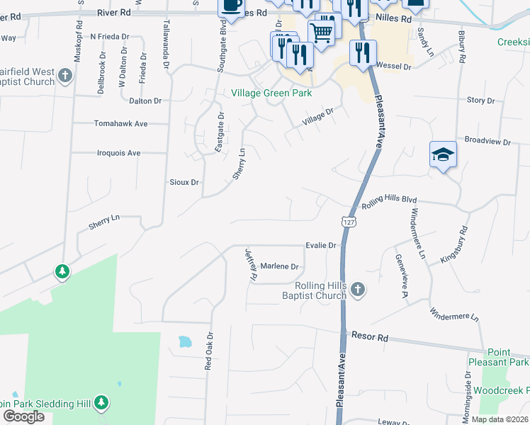 map of restaurants, bars, coffee shops, grocery stores, and more near 5681 Lindenwood Lane in Fairfield