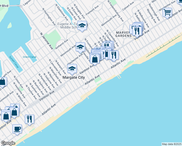 map of restaurants, bars, coffee shops, grocery stores, and more near 9 S Huntington Ave in Margate City