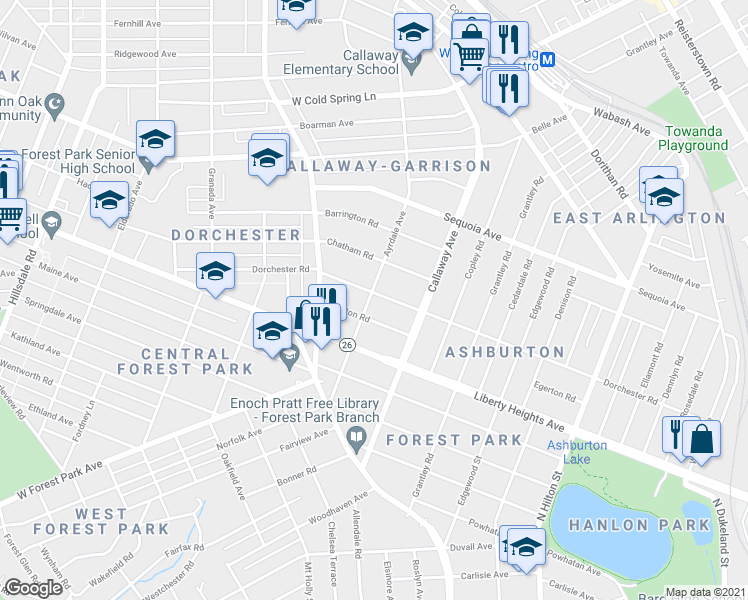 map of restaurants, bars, coffee shops, grocery stores, and more near 3713 Dorchester Road in Baltimore
