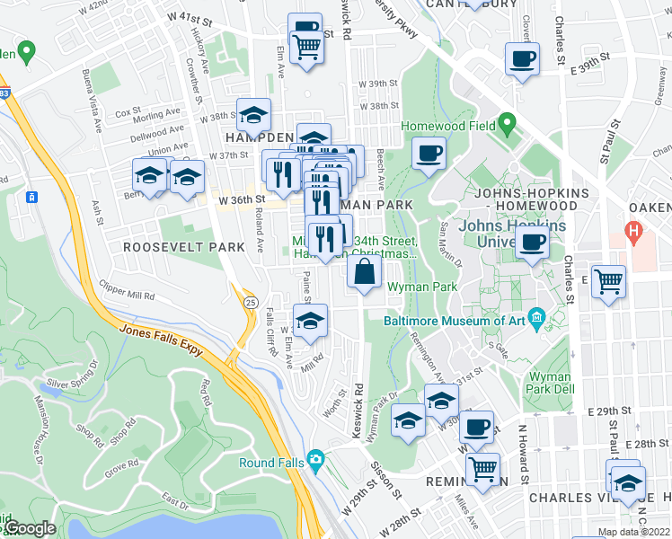 map of restaurants, bars, coffee shops, grocery stores, and more near 3361 Chestnut Avenue in Baltimore