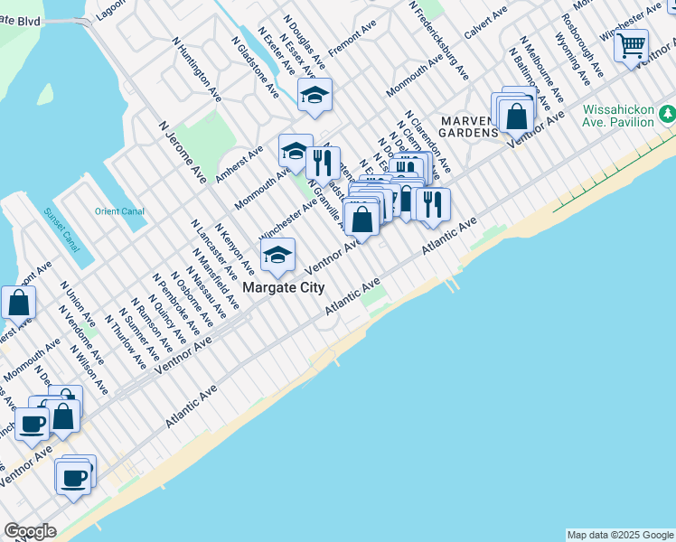map of restaurants, bars, coffee shops, grocery stores, and more near 9 South Huntington Avenue in Margate City